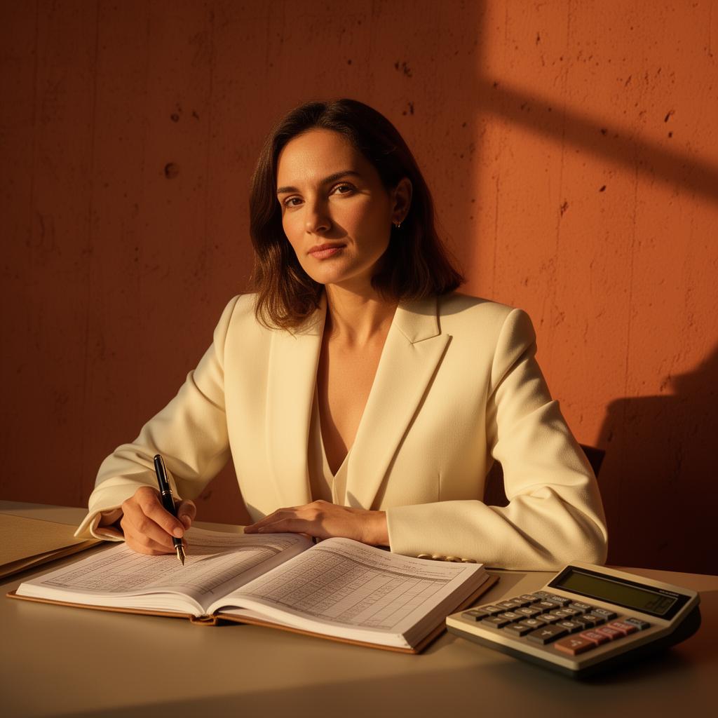 A composed European finance professional photographed against a warm concrete wall.